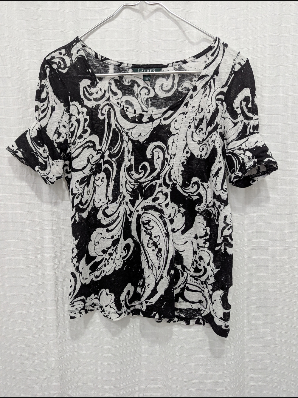 Lauren Ralph Lauren Black & White Paisley Short Sleeve Top